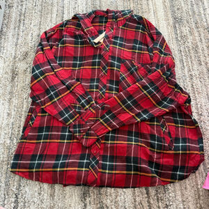 SKIMS Flannel Sleep Hooded Button-Down Sleep Shirt Brick Holiday Plaid SKU719